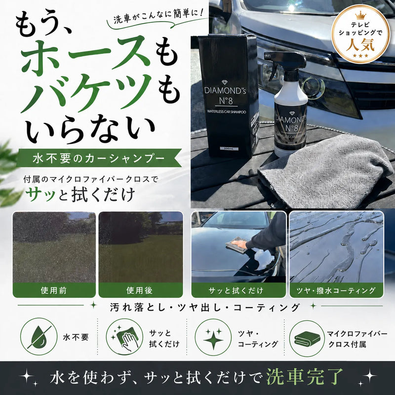 もう、 洗車がこんなに簡単に！

ホースも
バケツも
いらない
水不要のカーシャンプー
付属のマイクロファイバークロスで
サッと拭くだけ 